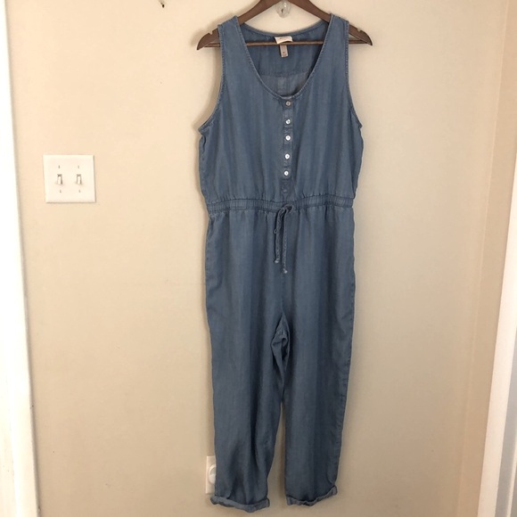 Knox Rose Denim sleeveless jumpsuit scoop neck elastic waist cuffed hem SZ XL - Picture 1 of 11
